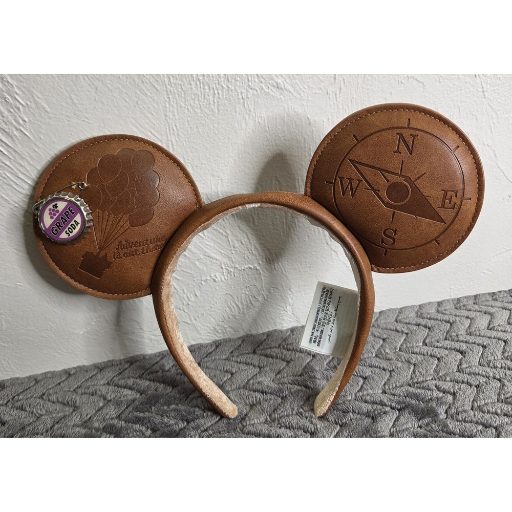 Disney Parks Pixar Up Ears Brown Mickey Mouse Headband Grape Soda Cap Compass